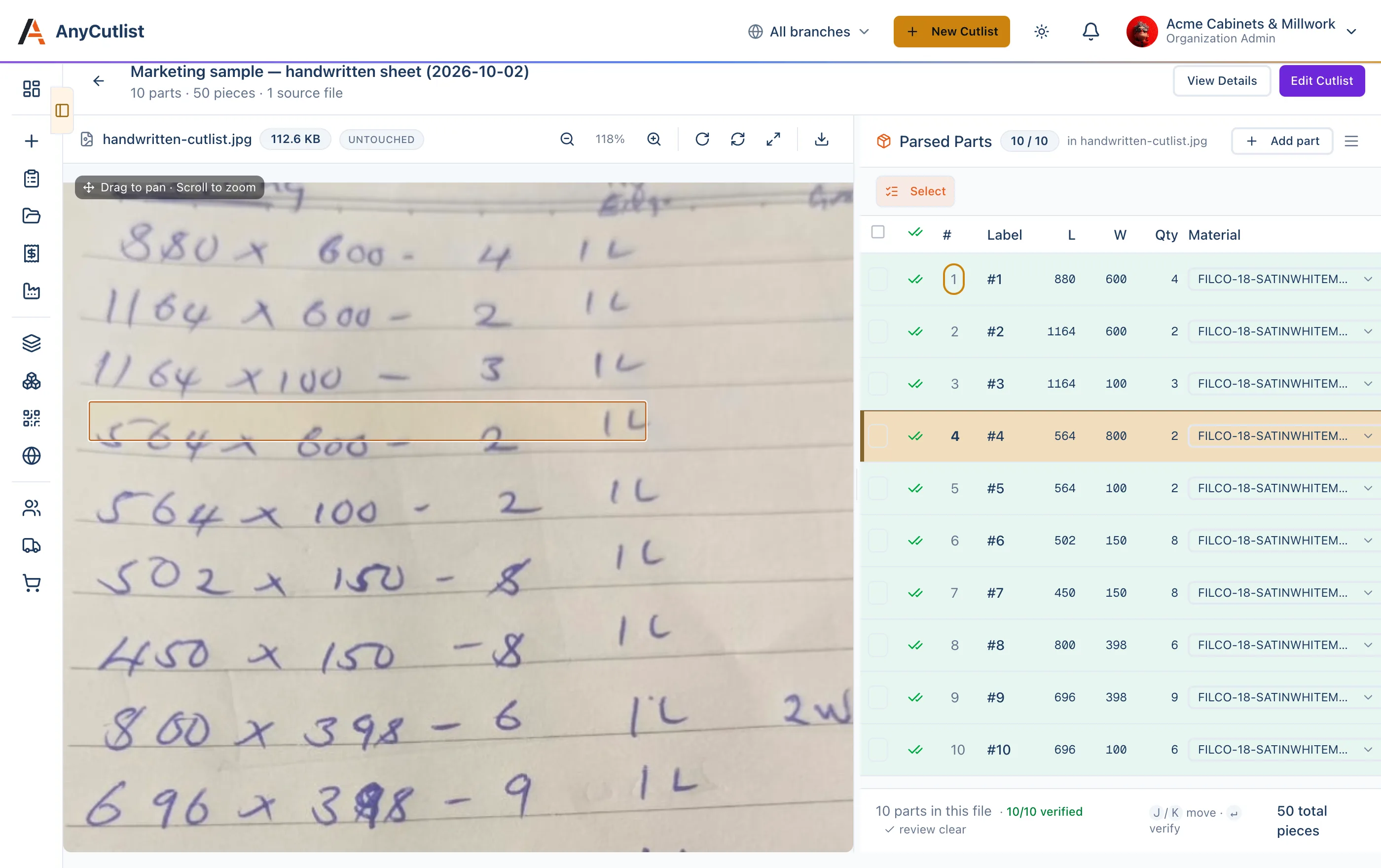 AnyCutlist source gallery showing a customer cutting list beside the parts review table